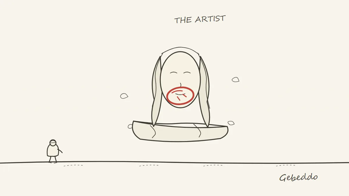 Enter the gallery arena and face The Artist, a giant disembodied head with long black hair stuck to a slab of street.